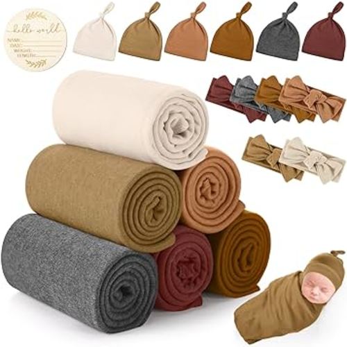 19 Pcs Baby Newborn Receiving Blankets with Headband Beanie Set 31.5 x 31.5 Inch Stretch Swaddle Nursery Swaddling Wrap Blanket Christmas Baby Gift for Newborn Infant Toddler(Multi Color)
