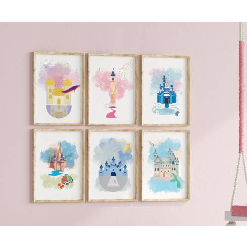 Princess Castle Art Print Set of 6, Watercolor Wall Art Girls Room or Nursery, Aladdin, Cinderella, Rapunzel, Frozen Digital Art