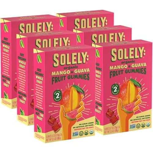 SOLELY - Organic Mango & Guava Whole Fruit Gummies (Pack of 6 Boxes, 5 Bags per Box) - School Snacks - Healthy Snacks for Adults & Kids - Non GMO, Vegan Snacks, Shelf Stable - 30 Bags (3.5 oz)
