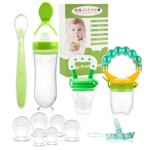 WAJIAYON Baby Fruit Feeder Pacifier - 12 Pack | 2 Infant Food Feeder Pacifier & 1 Babies Food Dispensing Spoon | Fresh Fruit Teethers for Babies | Silicone Feeder Baby,Infant Teething Toys(Green)