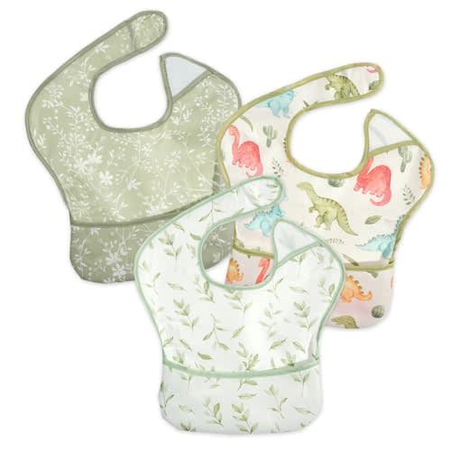 3-Pack Mess Proof Baby Bibs for Eating,Lightweight | Waterproof Toddler Bibs with Catch-All Pocket | Wipeable Feeding Bibs for Girls | Machine Washable