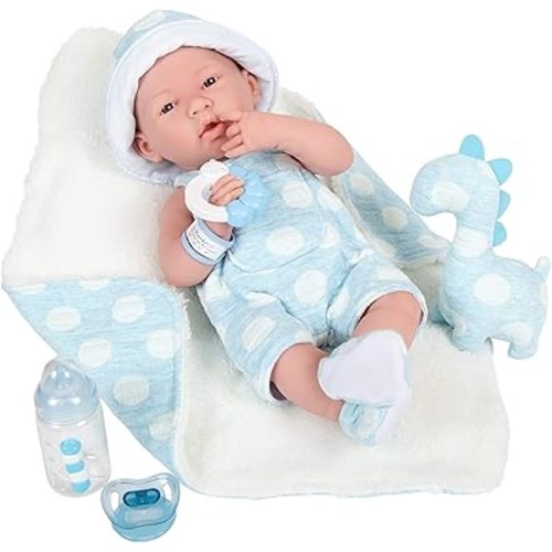 JC Toys La Newborn All-Vinyl-Anatomically Correct Real Boy 15" Baby Doll in Blue and Deluxe Accessories, Designed by Berenguer., Blue - Dots, Model:18064
