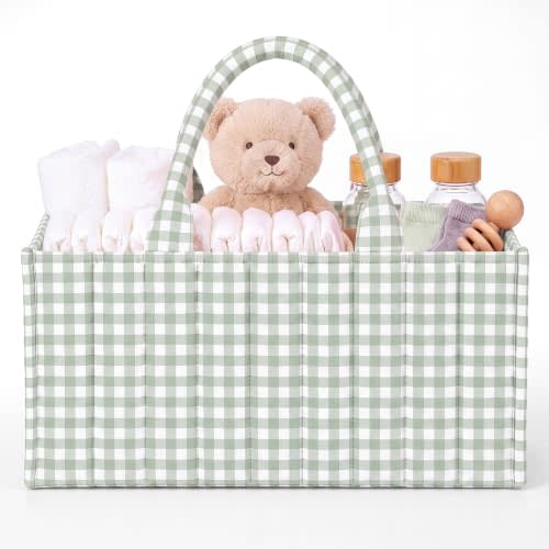 Mifoci Sage Green Gingham Diaper Caddy Organizer Nursery Baby Basket | Nursery Storage Basket, 15 x 9.8 x 7.1 Inch, Quilted Polyester, Green Checkered Style, Newborn Essentials, Car Organizer