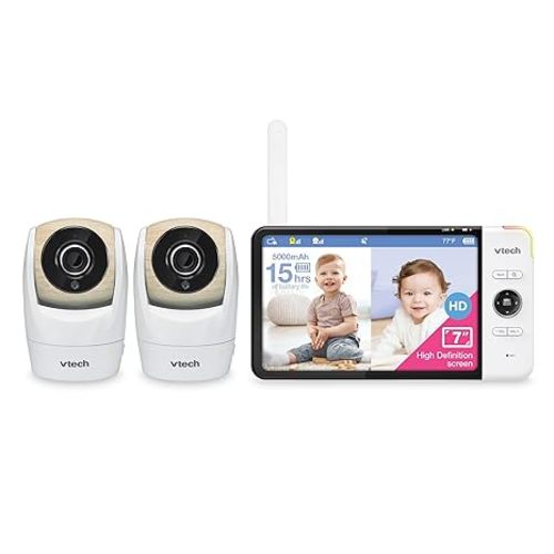 VTech VM919-2HD Baby Monitor, 7" 720p Screen, 2 Cameras, 360 Panoramic Viewing, 110 Wide-Angle View, Night Vision, Up to 1000ft Range, Secured Transmission No WiFi