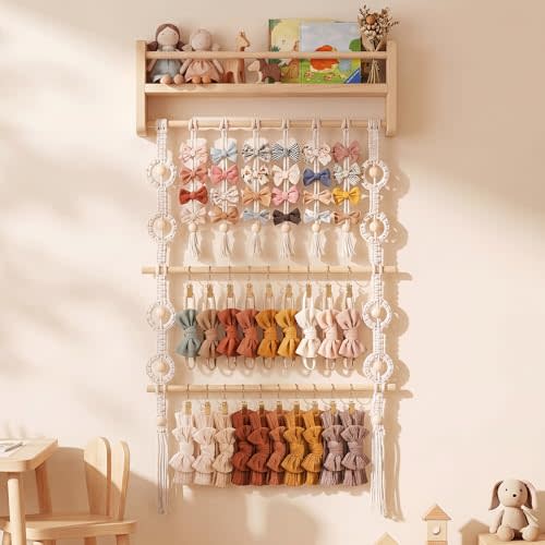 Wenqik Nursery Floating Shelves Headband and Hair Bow Holder Wall Mounted Wood Shelves Nursery Hair Accessories Organizer Decor for Girls Toddler Baby Bedroom Kitchen Home Decor