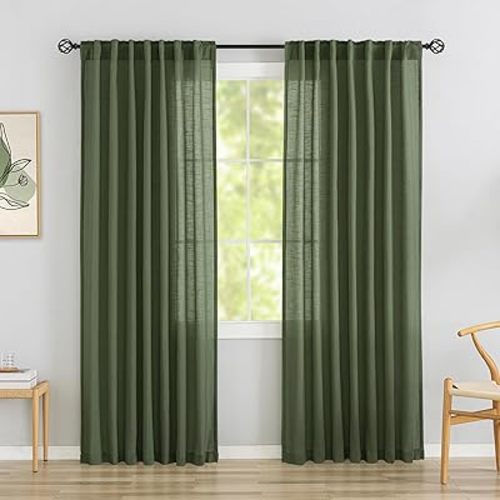 DONREN Olive Dark Green Linen Back Tab Curtains 84 Inches Long 2 Panels Set for Bedroom -Semi Sheer Modern Farmhouse Hooks Belt Pleated Curtain Panels Rod Pocket Light Filtering Privacy Drapes