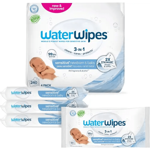 WaterWipes Sensitive+ Newborn & Baby Wipes, 3-In-1 Cleans, Cares, Protects, 99.9% Water, Unscented & Hypoallergenic, 240 Count (4 Packs)