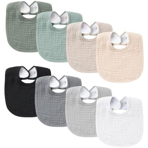 Konssy 8-Pack Muslin Baby Bibs, Adjustable Fit for Drooling and Teething