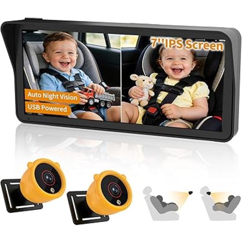 Baby Car Camera for 2 Kids, 7" Ultrawide Split Screen, 1080P Dual Carseat Cameras with Auto IR Night Vision/150° Wide View/360° Rotatation, USB Power for Car, SUV, RV/Babies,Pets