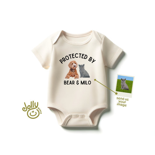 Custom Pet Baby Bodysuit, Personalized Pet Baby Bodysuit, Protected by Pets, Protected by Cat, Pet Portrait, Baby Gift, Baby Shower Gift