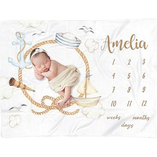 Customized Baby Boy Monthly Blanket,Nautical Infant Monthly Milestone Blanket, Sailor Rope & Sailboat Watercolor Design, Personalized Baby Photo Prop For Monthly Pictures And Newborn Photography