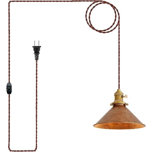 Oyisen Hanging Light Plug in,Vintage Hanging Lamp Plug in with Rusted Copper 8.2 Inch Shade and Adjustable 14Ft Cord Antique Farmhouse Pendant Light Kitchen Island Bedroom and Sofa