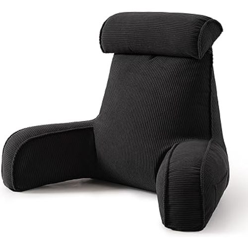 Corduroy Reading Pillow for Sitting Up in Bed, Bed Rest Backrest Pillow with Arms, Low Back Support Cushion with Side Pockets & Washable Cover, Back Support for Sofa Couch Relax, Lamp Black