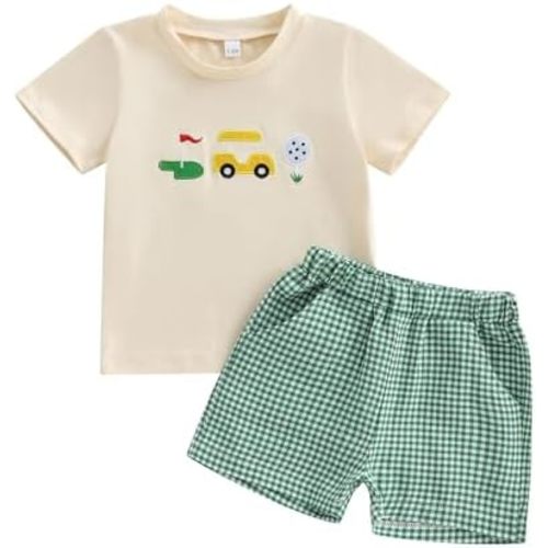 Toddler Baby Boy Clothes Golf Cart Embroidery Short Sleeve T-Shirt Top Gingham Seersucker Shorts Set Summer Outfits