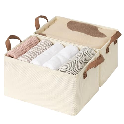 StorageWorks Storage Bins, Shelves Baskets for Organizing, Fabric Closet Organizers with Handles, Metal Frame, Beige-Texture, 2-Pack