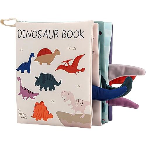 Dinosaur Baby Books Toys, Touch Feel Cloth Crinkle Soft Books for Babies Infants, 0-6-12-18 Months, with Toy, Mirror, Tail and Crinkle, Early Development Stroller, Shower Newborn Gifts for Boys Girls
