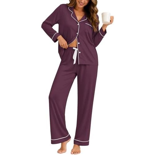 ZMJ Womens Pajamas Sets 2 Piece Long Sleeve and Pant Pj Sets Button Up Sleepwear