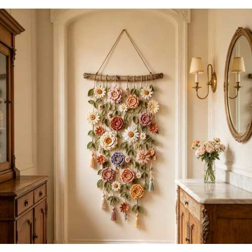 Hand‑Made Crochet Floral Wall Hanging, Boho Farmhouse Flower Tassel Tapestry, Cottagecore Driftwood Branch Wall Decor