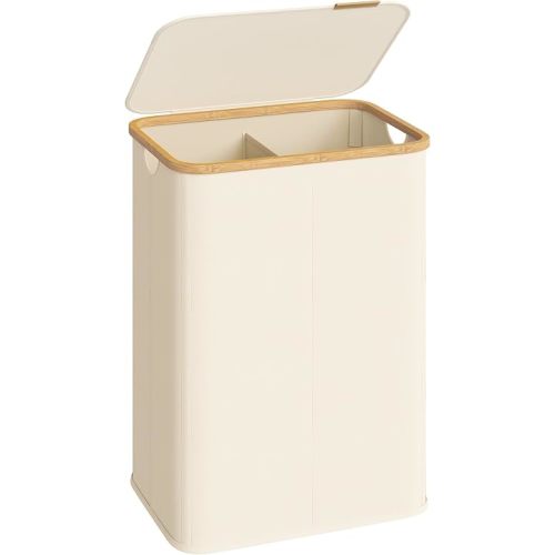 SONGMICS Laundry Hamper with Lid, 140L Laundry Basket, Bamboo Frame