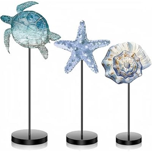 Maitys 3 Pcs Sea Table Decor Coastal Turtle Starfish Decor Ocean Beach Centerpieces Nautical Standing Block Wooden Centerpiece Sign for Summer Holiday Seasonal Home Kitchen