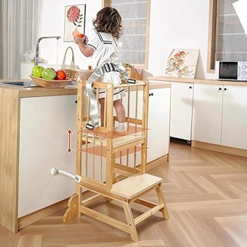 Toddler Tower, Kids Kitchen Step Stool with Safety Rails, Toddler Standing Tower Adjustable Height, Wooden Kitchen Stool for Kids, for Living Room Countertops and Bathroom Sinks(Natural)
