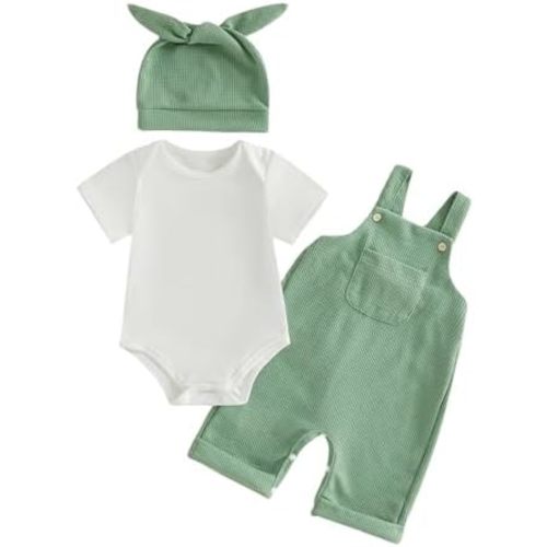 Newborn Baby Boy Clothes Summer Outfit Solid Color Short Sleeve Romper Waffle Suspender Shorts Overall Set 3Pcs