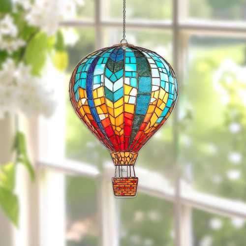 Hot Air Balloon Acrylic Suncatcher, Colorful Mosaic Balloon Window Hanging, Rainbow Glass Decor, Travel Lover Gift, Boho Home Ornament