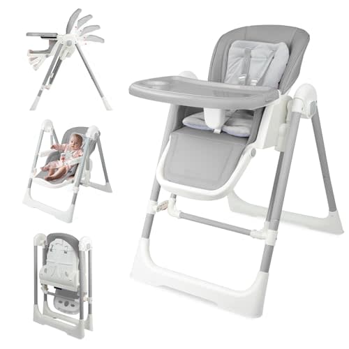 High Chairs for Babies and Toddlers Foldable High Chair Adjustable with Reclining Seat & Leg Rest, 3-in-1 Convertible Baby Swings with Tool-Free Assembly (Grey)