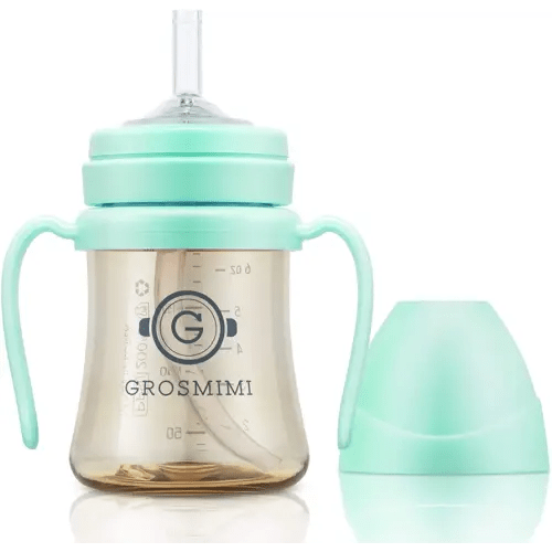 GROSMIMI PPSU Baby Straw Cup Stage 1, 6M+, Spill-Proof, 6oz (Aqua Green)