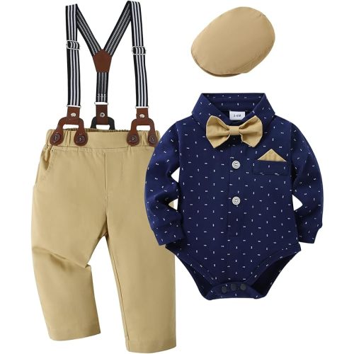 DISAUR Baby Boy Clothes Suits 4PCS Gentleman Outfit Dress Romper Beret Hat Suspender Pants Bow Tie Wedding Set