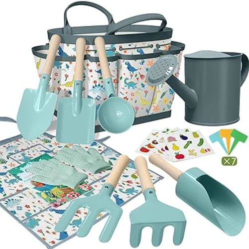Kids Gardening Set 14Pcs Gardening Tools for Kids with Tote Bag,Watering Can, Shovel, Apron, Garden Book and More Educational STEM Learning Outdoor for Toddlers Boys Girls (Dinosaur Blue)