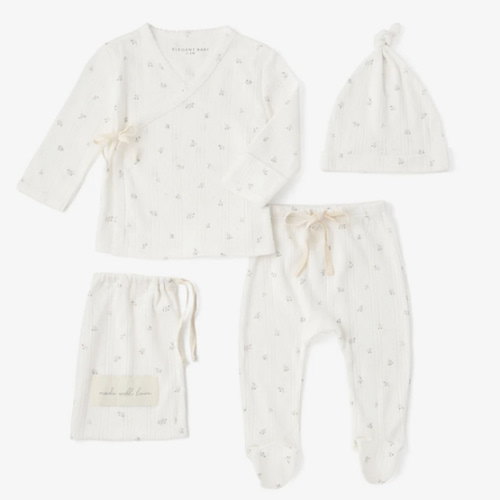 White Floral Organic Cotton Pointelle Layette 3 Pc Gift Set