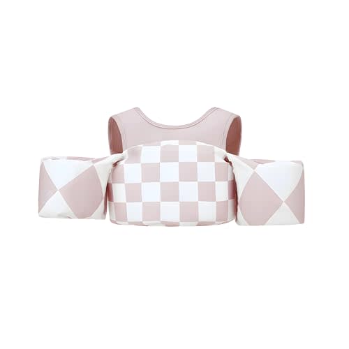 KIDSco. Swim Vest for Kids 30-50 lbs | Toddler Swimming Aid with Shoulder Strap and Water Wings | Cute Swim Floaties for Boys and Girls 2 to 6 Years for Pool and Beach (Blush Checkerboard)