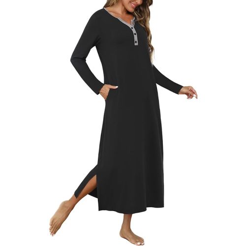 Marvmys Womens Long Sleeve Button Nightgowns, Color: Black, Size: Medium