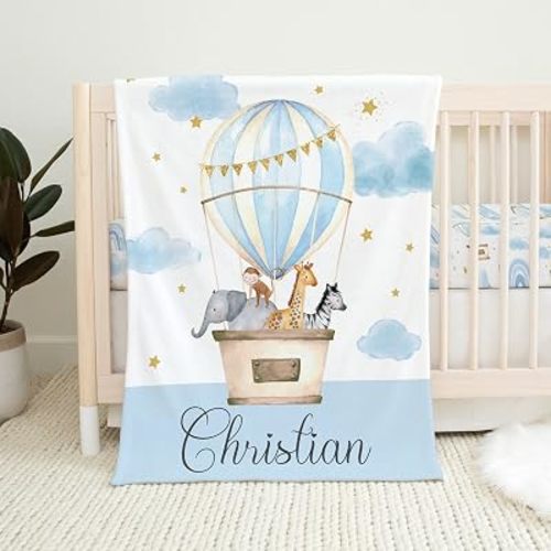 Personalized Baby Boy Blanket, Blue Baby Blanket, Boy Crib Bedding, Safari Crib Bedding, Baby Boy Gift, Hot Air Balloon