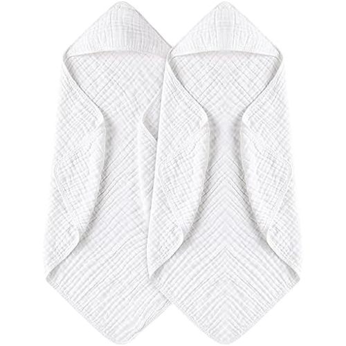 Yoofoss Hooded Baby Towel, 2 Pack, 100% Muslin Cotton, White, Soft & Absorbent, 32x32Inch, Newborn to 3 Years