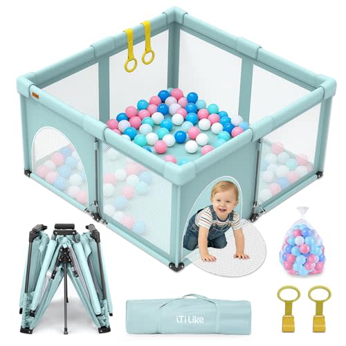 Foldable 50x50 Baby Playpen Portable Indoor Outdoor Safe Play Yard | Baby play pen with 50 PCS Ocean Balls & 2 Handles, Indoor & Outdoor Kids Safety Play Pen Area, Portable Travel Play