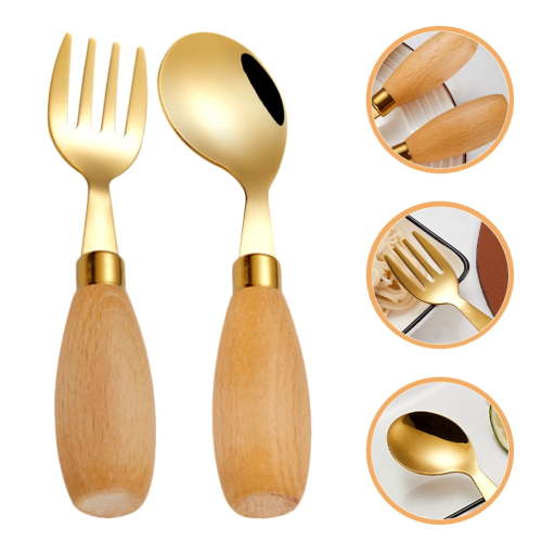 FRCOLOR 2 Pcs Baby Forks and Spoons Food Picks Kids Toddler Child Golden