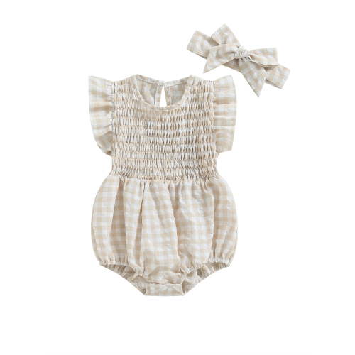 Hirigin Newborn Baby Girl Bubble Romper Summer Clothes 0 3 6 12 18 Months Ruffle Sleeve Crewneck Plaid Playsuit with Headband