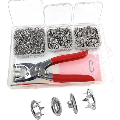 KAXIMON Snap Fasteners Kit 200 Sets, Metal Snap Button Kit with Fastener Pliers No Sewing, 9.5mm Snap on Button Kit Rust Proof DIY Press Studs Button Fix Tools for Fabric Clothing, chrome, SNAP-9.5MM