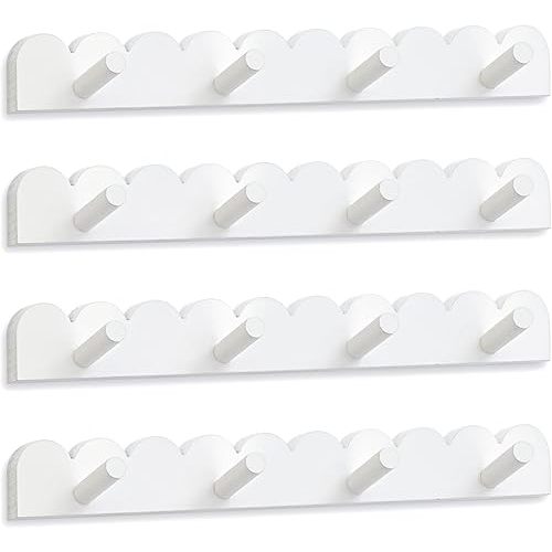 Leinuosen 4 Pack Scalloped Coat Rack Wall Mount Cute Nursery Wall Hook 16 Inch 16 Hooks Wood Backpack Hanger for Toddler Kids Clothes Hat Towel Keys Bathroom Classroom Playroom Nursery Decor