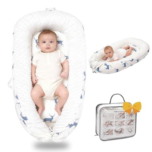 Baby Lounger-Breathable and Soft Organic 100% Cotton, Portable Infant Lounger with Removable Lounger Cover, Floor Lounger for Newborn - Mami Elk