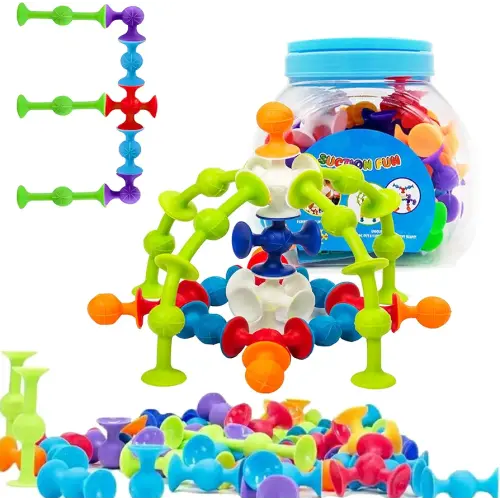 48 Piece Suction Cup Toys Construction Set - Silicone Building Blocks DIY Fun Bath Toys for Kids Ages 1-3, travel essentials for toddlers 1-3, Darts Sucker Toy with Toddler Road Trip Essentials