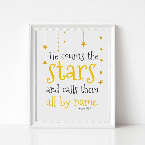 Space Art, Kids Bible Verse Print, Star Theme Scripture Art, Psalm 147:4, Scripture Wall Decor for Kids, Nursery Print, He counts the stars