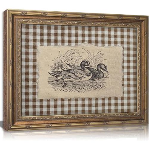 Vintage Gold Framed Wall Art, Brown Gingham Sketch Ducks Canvas Prints, Retro Rustic Farmhouse Animal Picture Wall Decor, Country Cottagecore Goose Poster Artwork for Living Room Bedroom