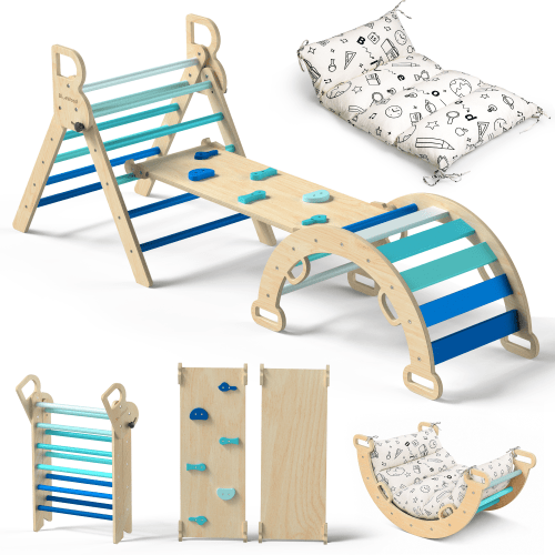 Buballino Pikler Triangle Set, 7 in 1, for 6 Months to 6 Years Children, 150 lb Load, 4 Piece, Foldable