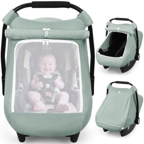 Rquite Car Seat Cover Baby, Muslin Infant Carseat Canopy with Mesh Window
