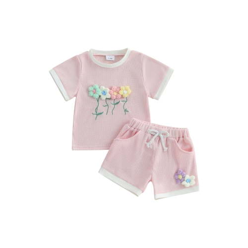 Loicainy Toddler Baby Girl Summer Waffled Clothes Set 9 12 18 24 Months 2T 3T 4T 3D Flower Short Sleeve Round Neck Tops Elastic Waist Shorts Outfit