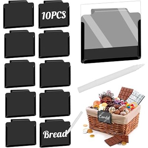 10 PCS Basket Labels Clip, PVC Kitchen Black Clip Label Holder Basket Bin Labels Clip with a Clear Protective Cover and a Pen for Pantry Organization and Storage Basket Label Holder(Gift 1x Mark Pen)