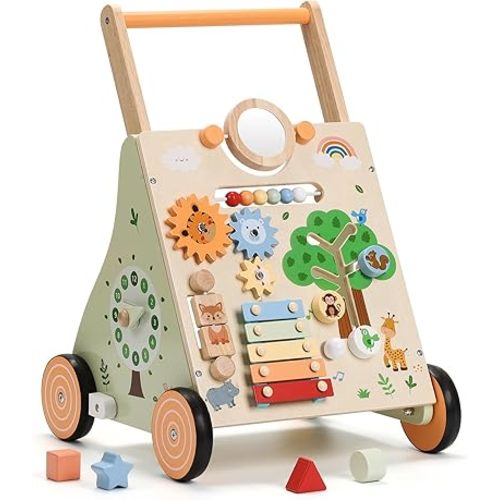 SainSmart Jr. Wooden Baby Walker, Adjustable Height and Speed Baby Push Walker, Montessori Activity Center for 6-12 Months, Push Walking Toys for 1 Year Old Boys Girls Learning to Walk, Animal Theme